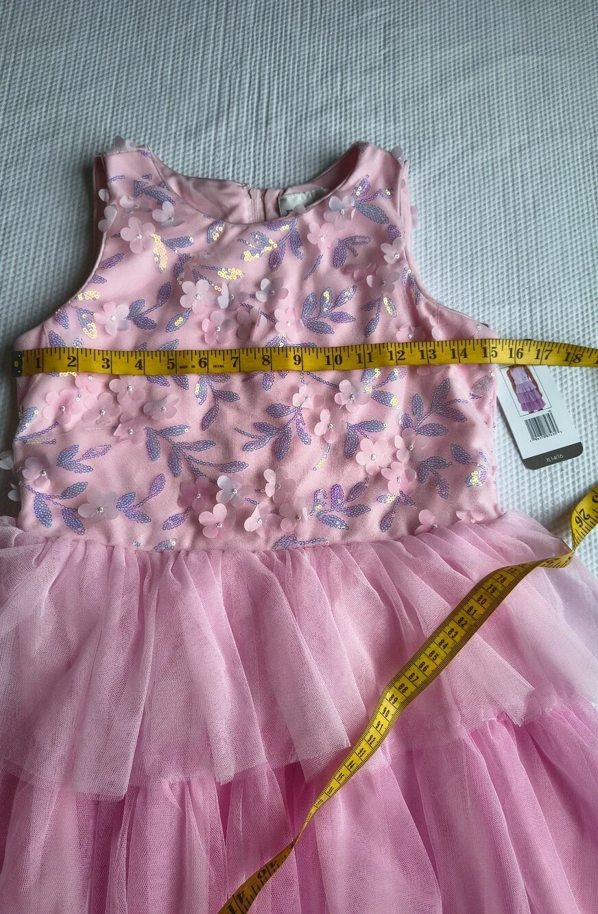 Pink Sequined Floral Tiered Tulle Dress Size XL.